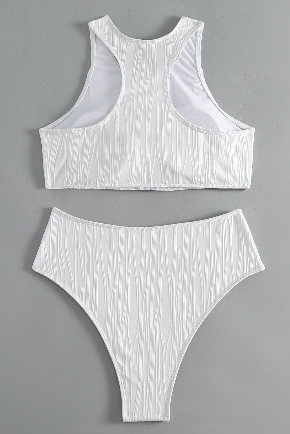 Haut de maillot de bain blanc texturé à fermeture éclair et dos nageur, bikini taille haute