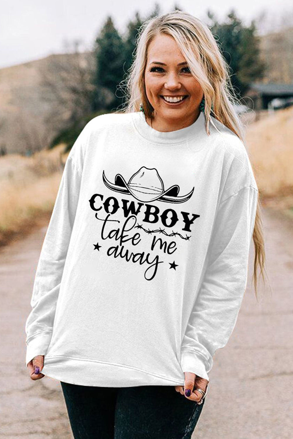 Weißes Sweatshirt mit COWBOY-Take-Me-Away-Grafik