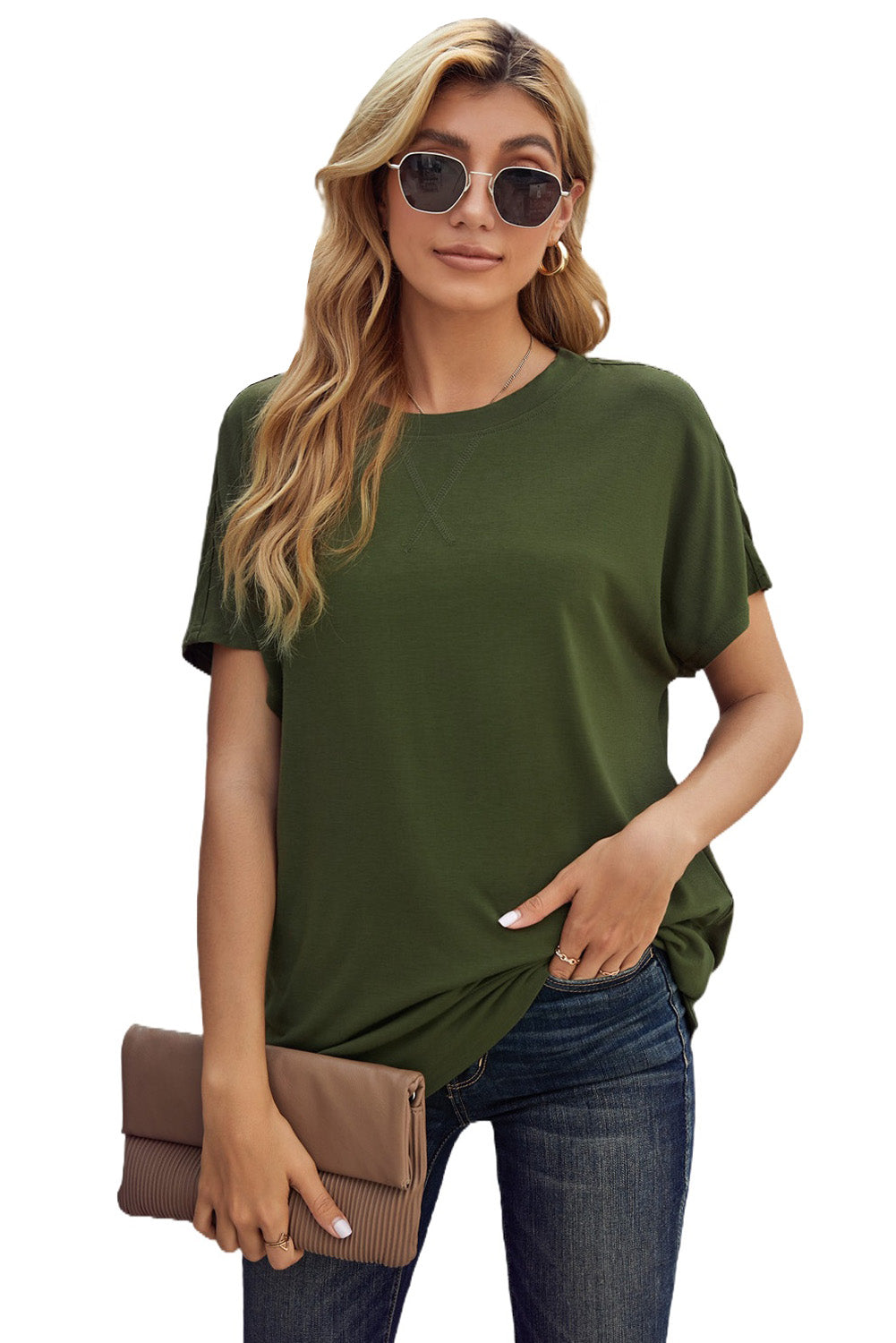 Grünes, kurzärmliges, einfarbiges T-Shirt mit Rundhalsausschnitt