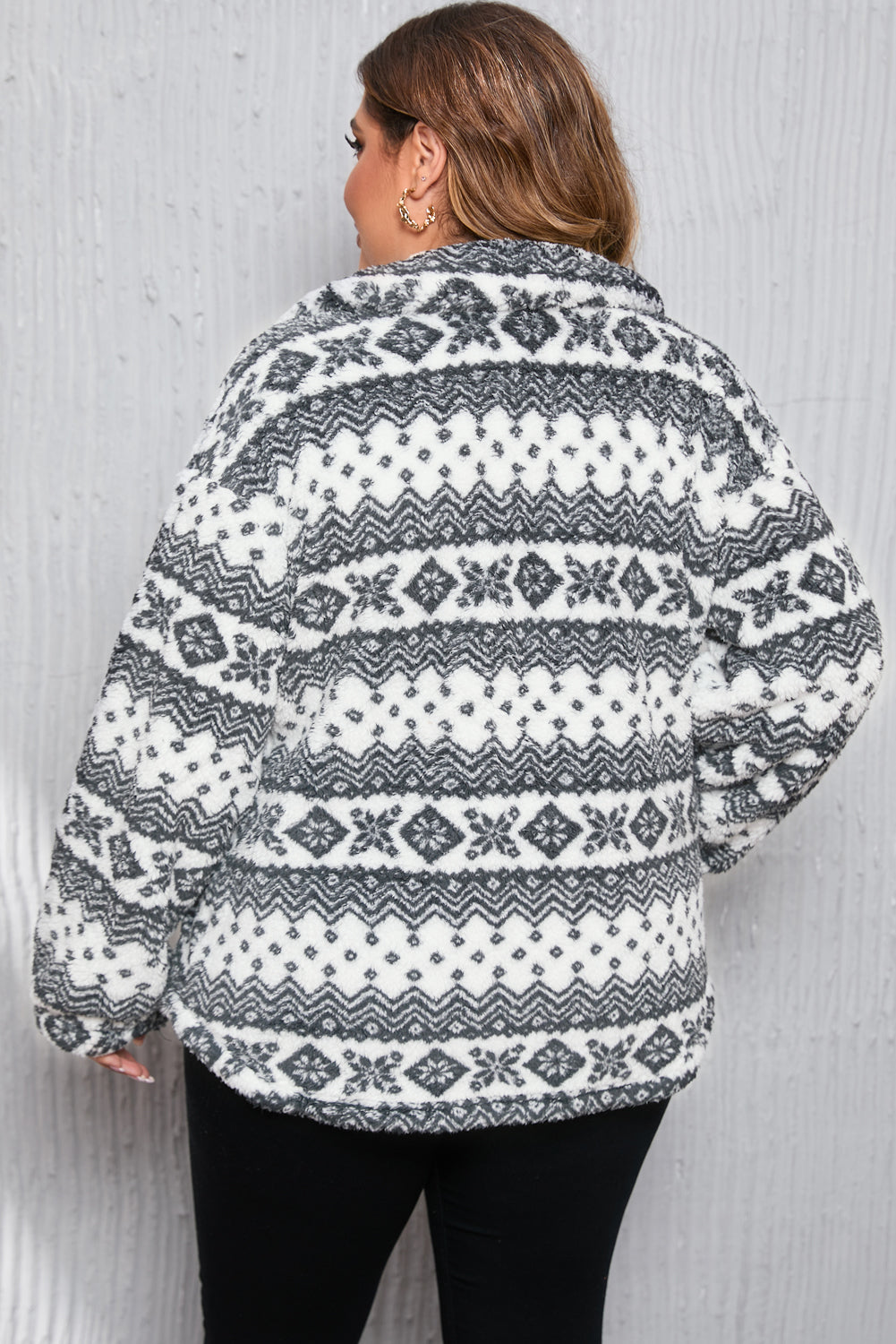 White Sherpa Geometric Print Quarter Zip Plus Size Pullover