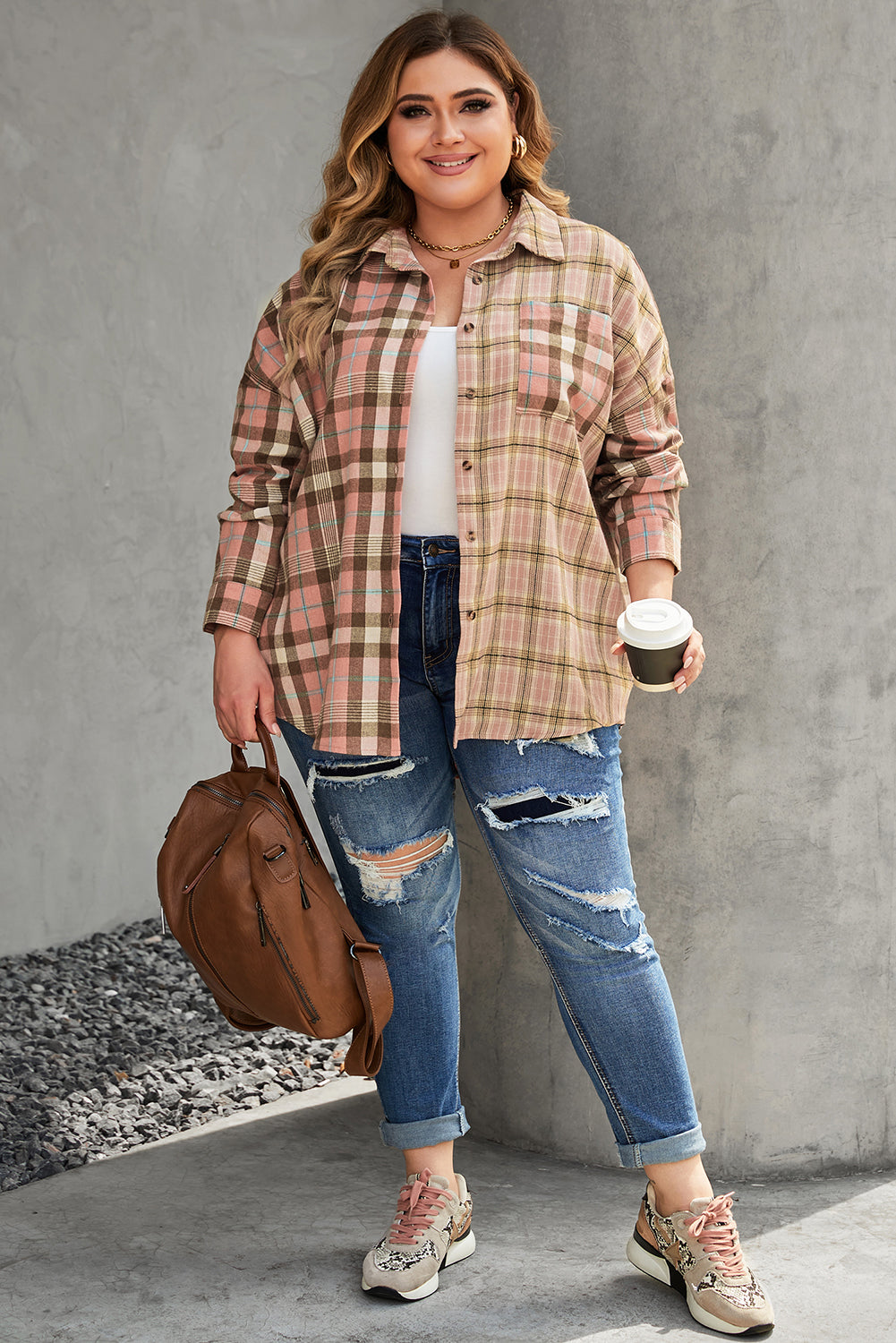 Pink Plus Size Color Block Plaid Long Sleeve Shirt with Pocket