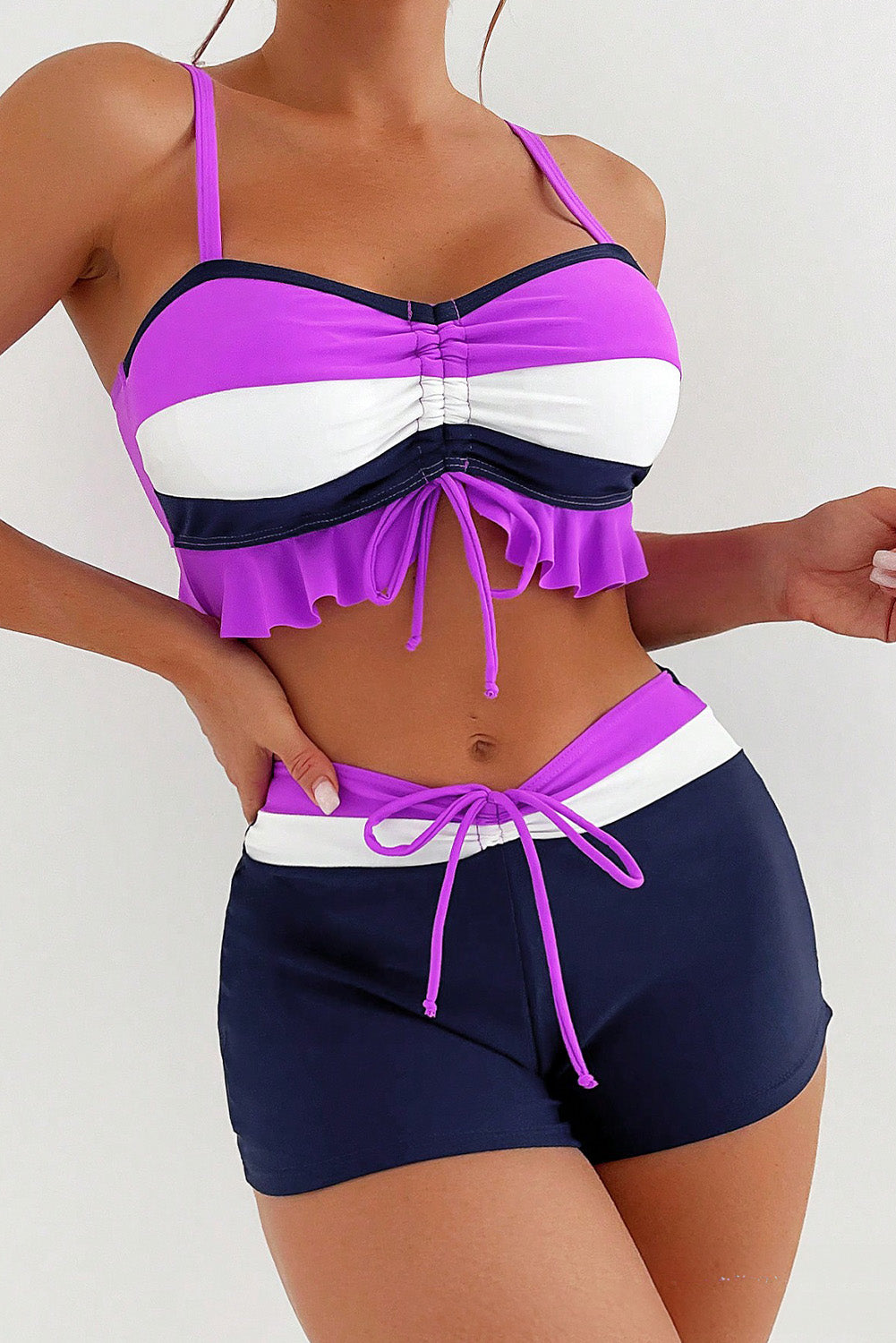 Dark Purple Colorblock Ruffled Drawstring Tie Shorts Bikini