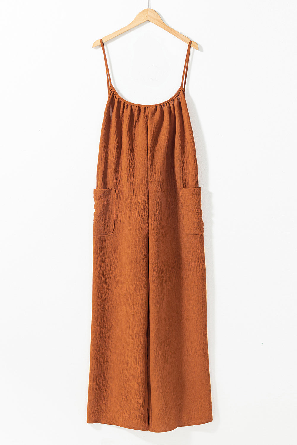 Chestnut Spaghetti Straps Waist Tie Wide Leg Jumpsuit with Pockets