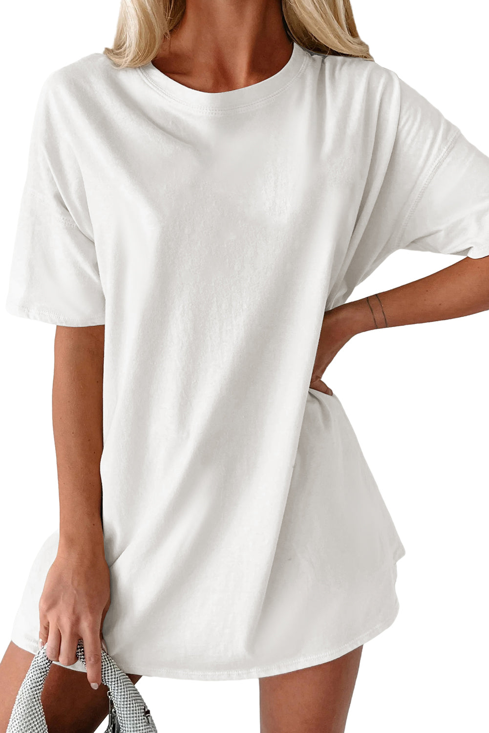 Bela enobarvna osnovna majica s tuniko z okroglim izrezom