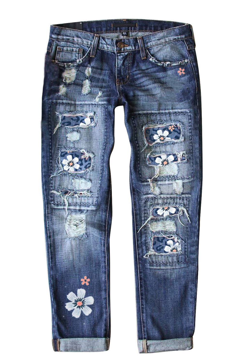 Himmelblaue Patchwork-Jeans mit hohem Bund und Blumen-Leopardenmuster