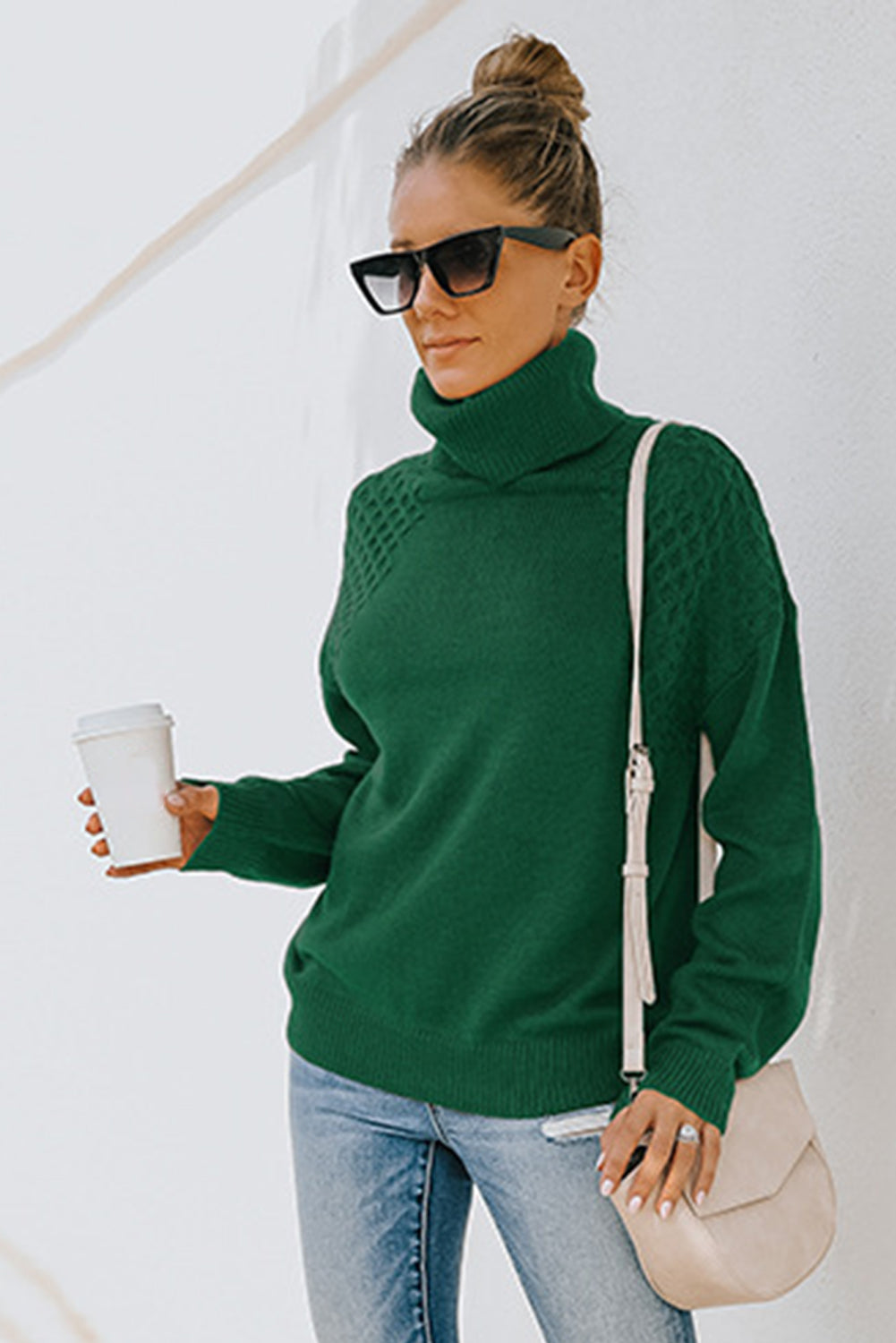 Green Turtleneck Knitted Pullover Sweater