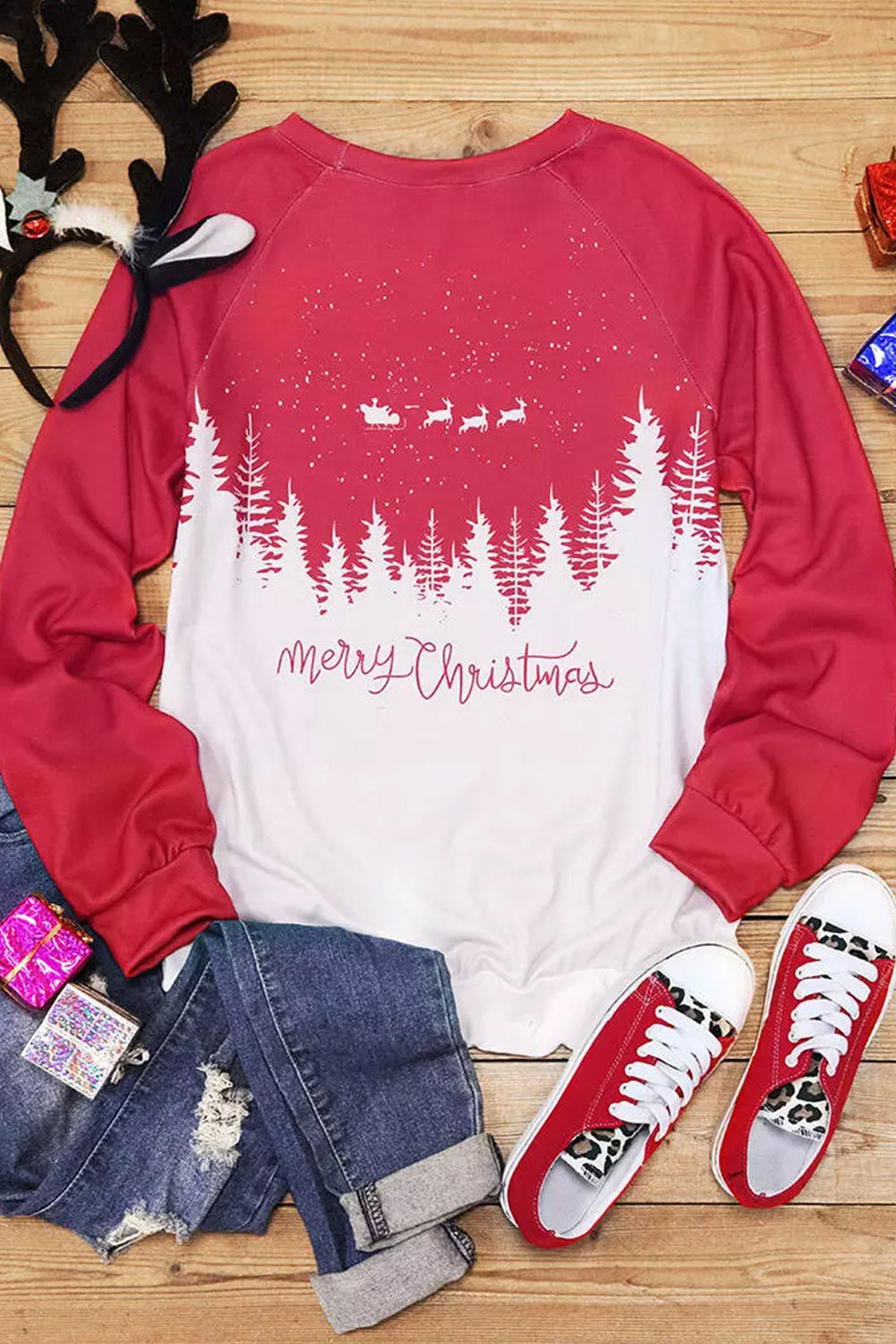 Fiery Red Merry Christmas Reindeer Tree Graphic Pullover Sweatshirt