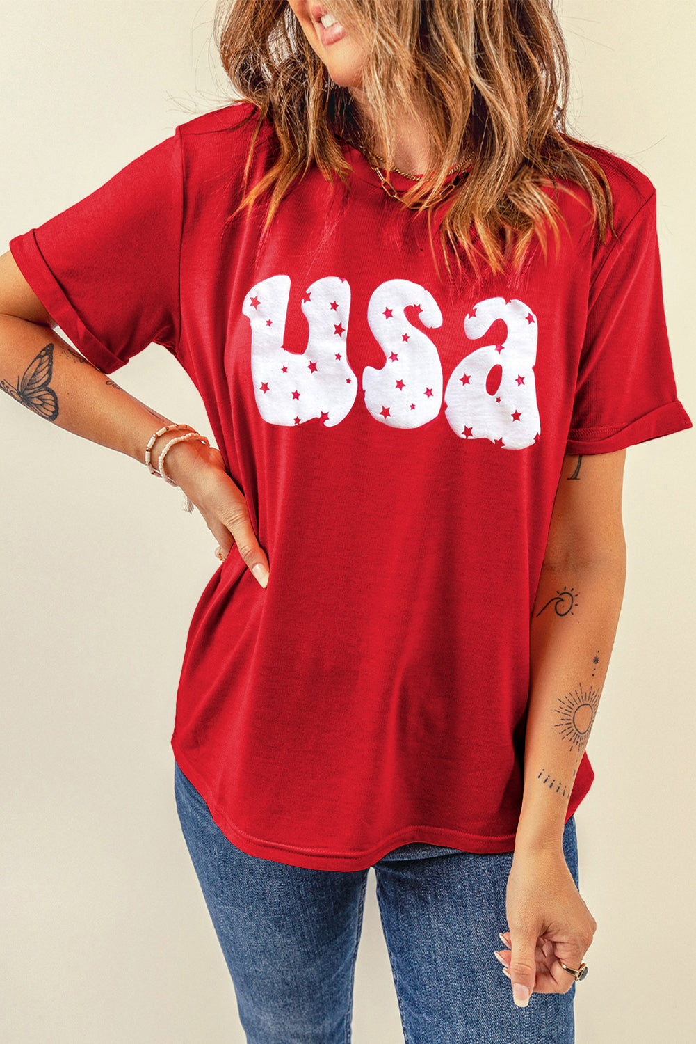 Red USA Stars Print Round Neck O Neck Casual Tee