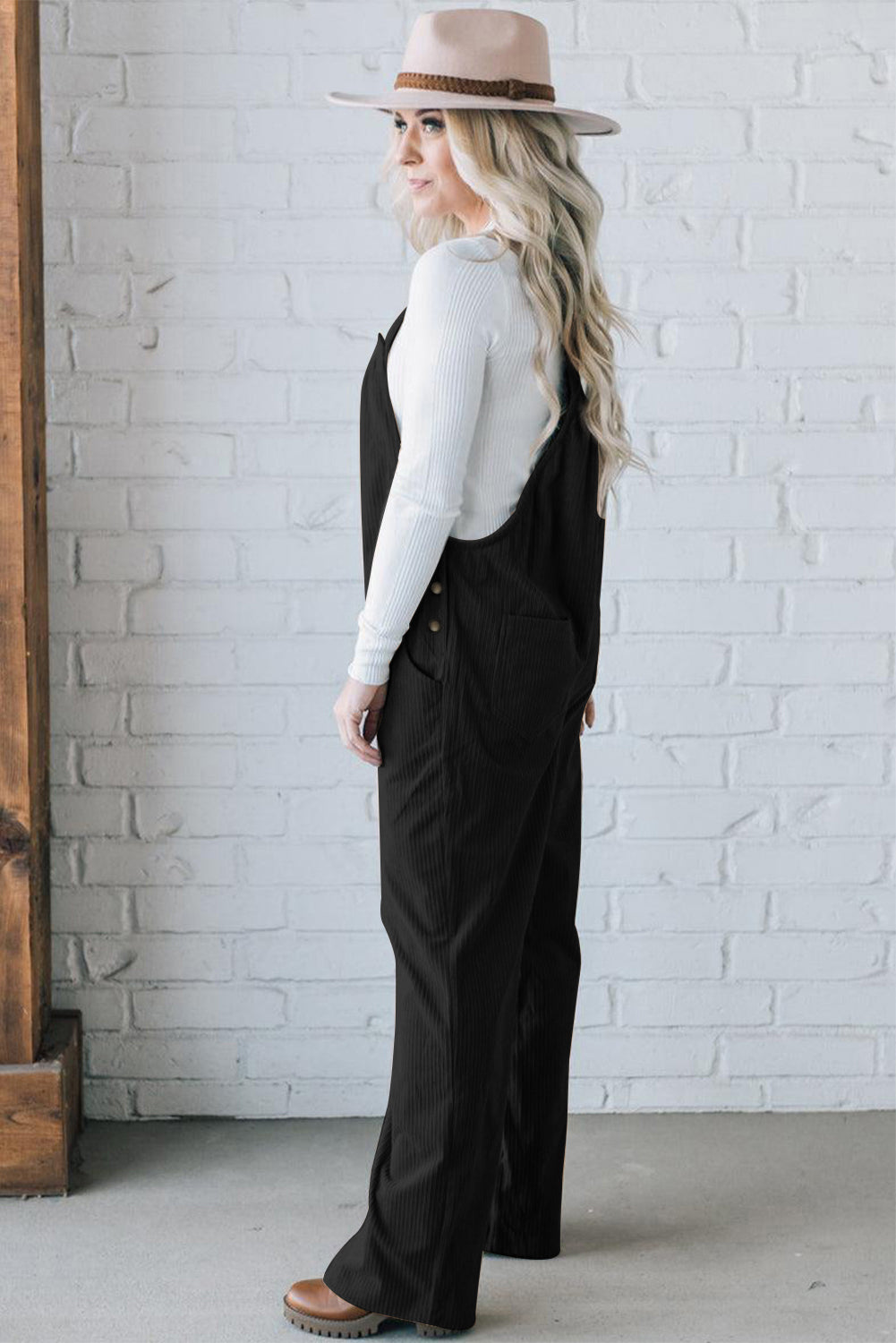 Black Solid Pocketed Loose Fit Corduroy Overall