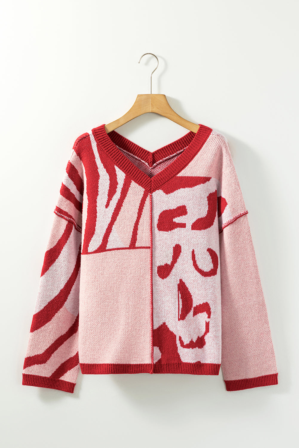 Pull surdimensionné à bordure côtelée en tricot à motifs mélangés rouge vif