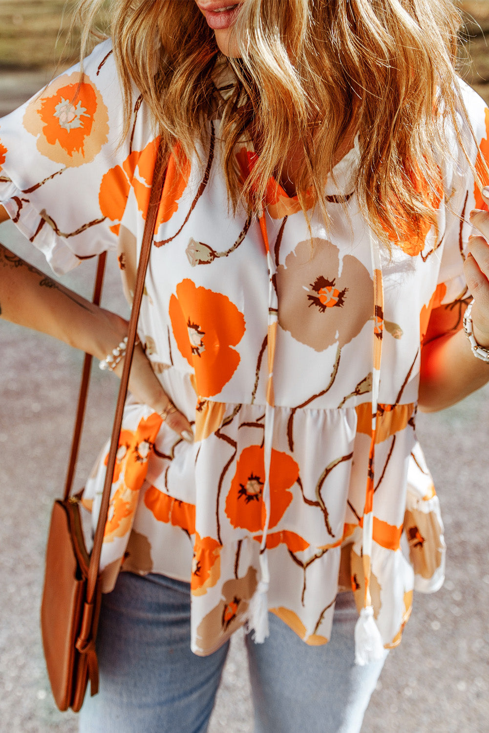 Orange Floral Print Frill Neck Tiered Babydoll Blouse