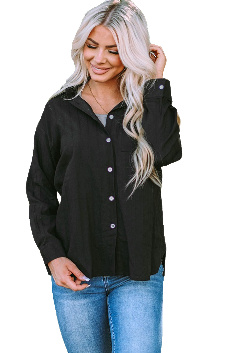 Chemise à manches longues texturée noire avec poche boutonnée