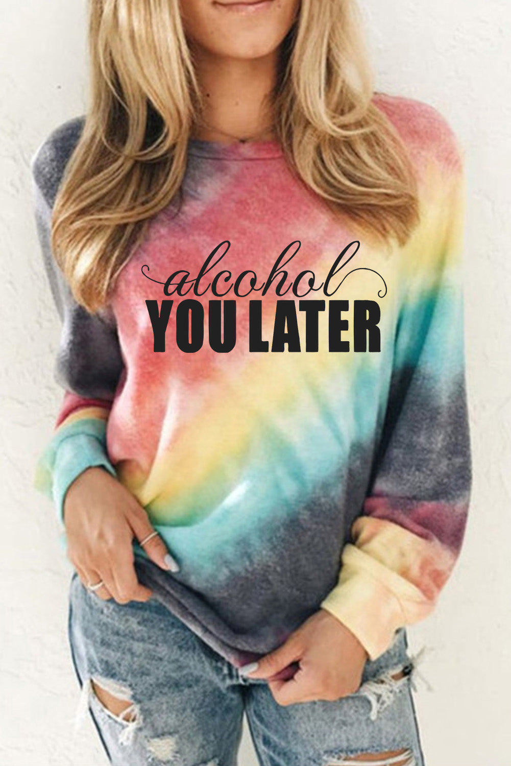 Tie Dyed Letter Print Long Sleeve Pullover Sweatshirt