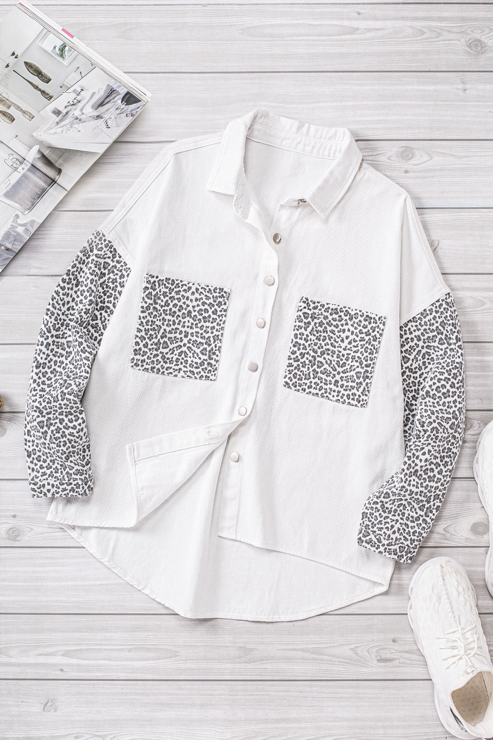 White Contrast Leopard Denim Jacket