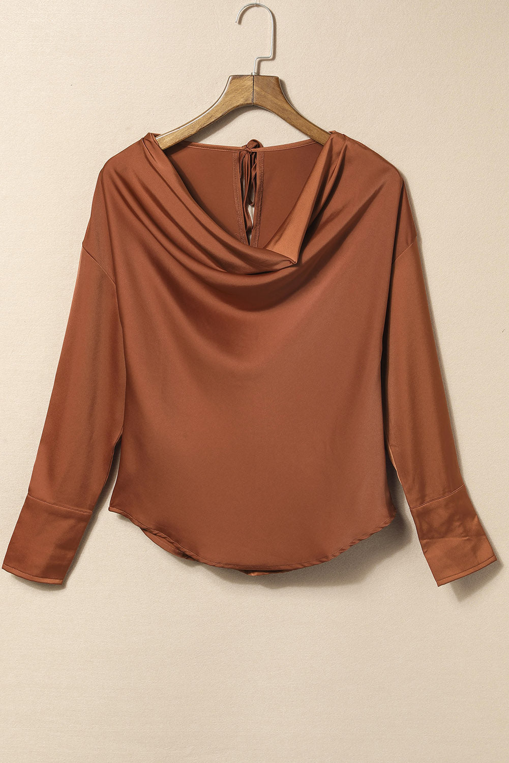 Brown Cowl Neck Long Sleeve Elegant Blouse