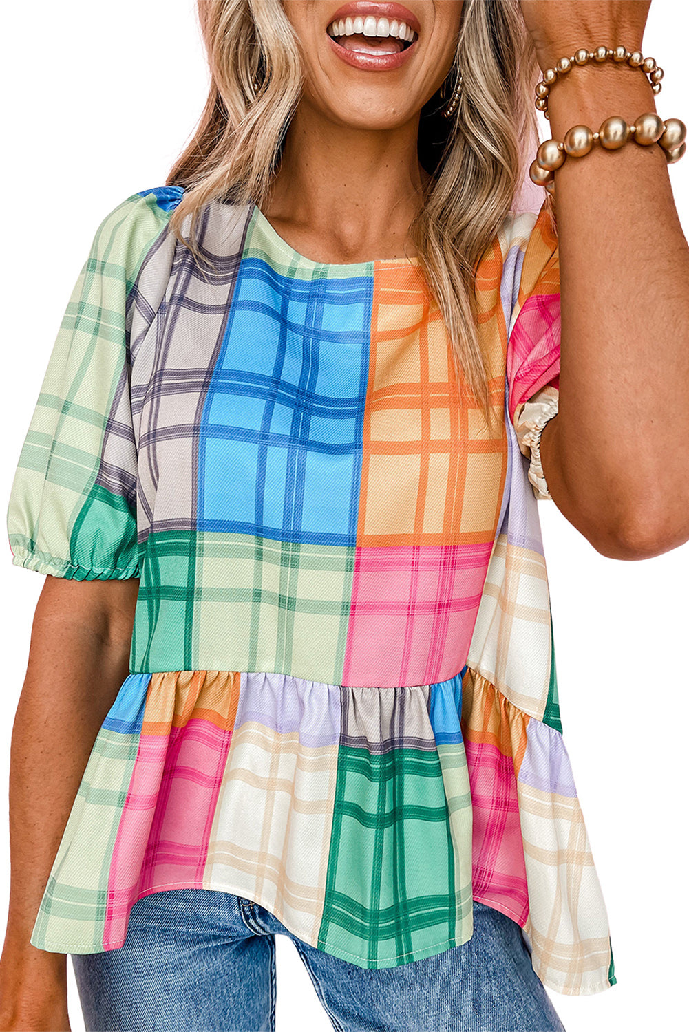 Večbarvna krepko karirasta majica z napihnjenimi rokavi in ​​peplum v barvnih blokih