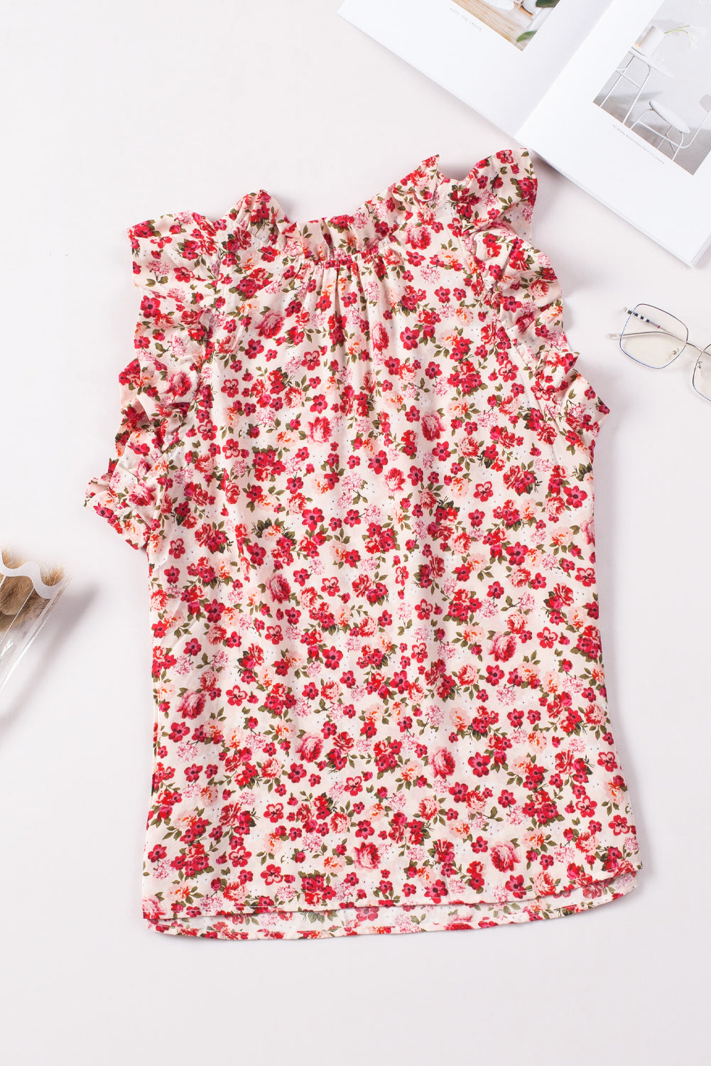 Fiery Red Floral Print Ruffled Mock Neck Sleeveless Top