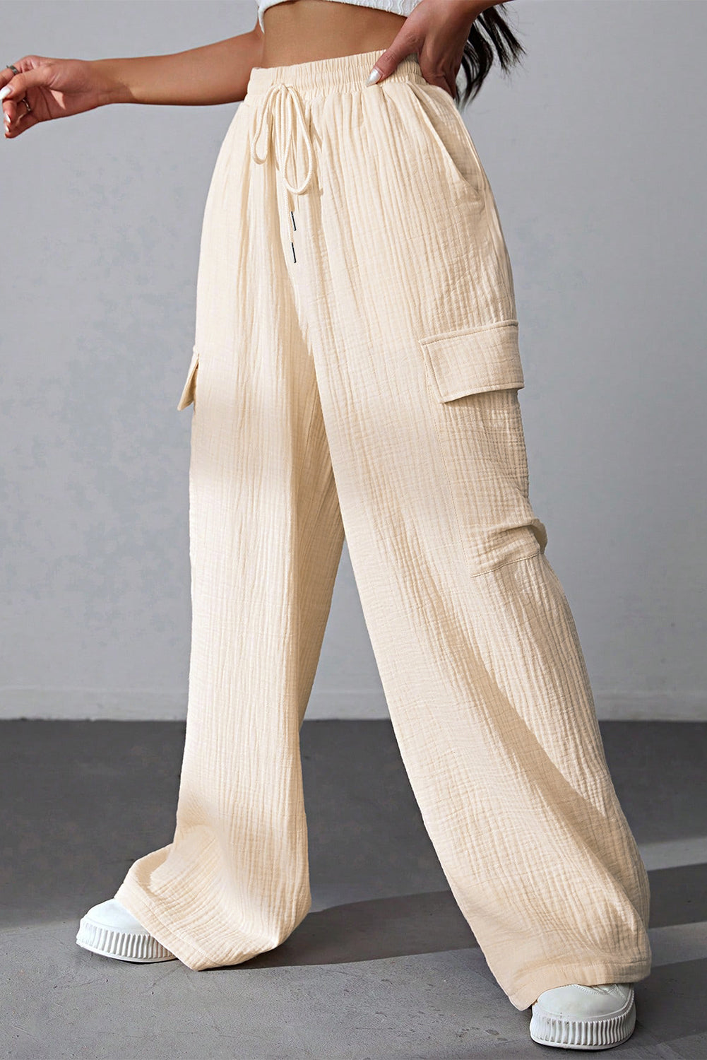 Pantalon cargo froissé taille haute avec cordon de serrage ample abricot