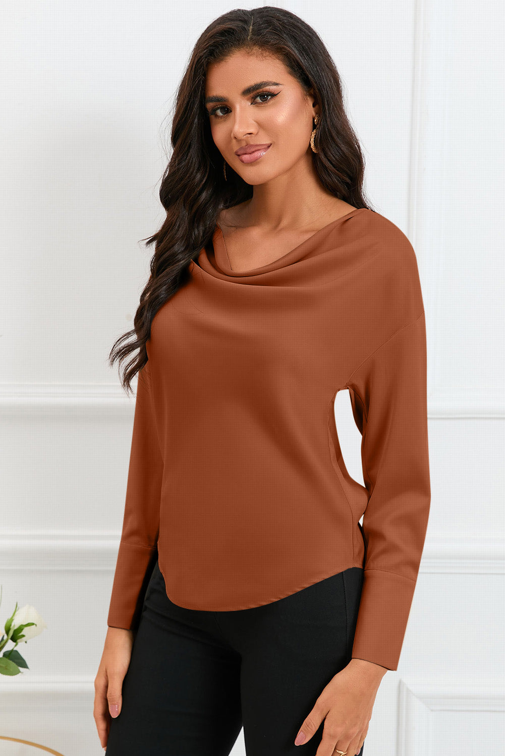 Brown Cowl Neck Long Sleeve Elegant Blouse