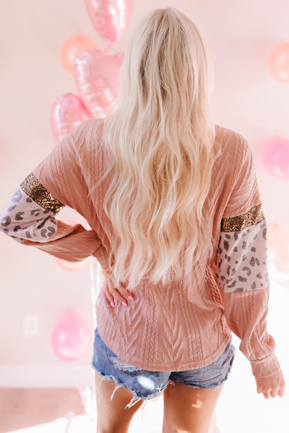Pink Leopard Sequin Splicing Sleeves Textured Knit Top