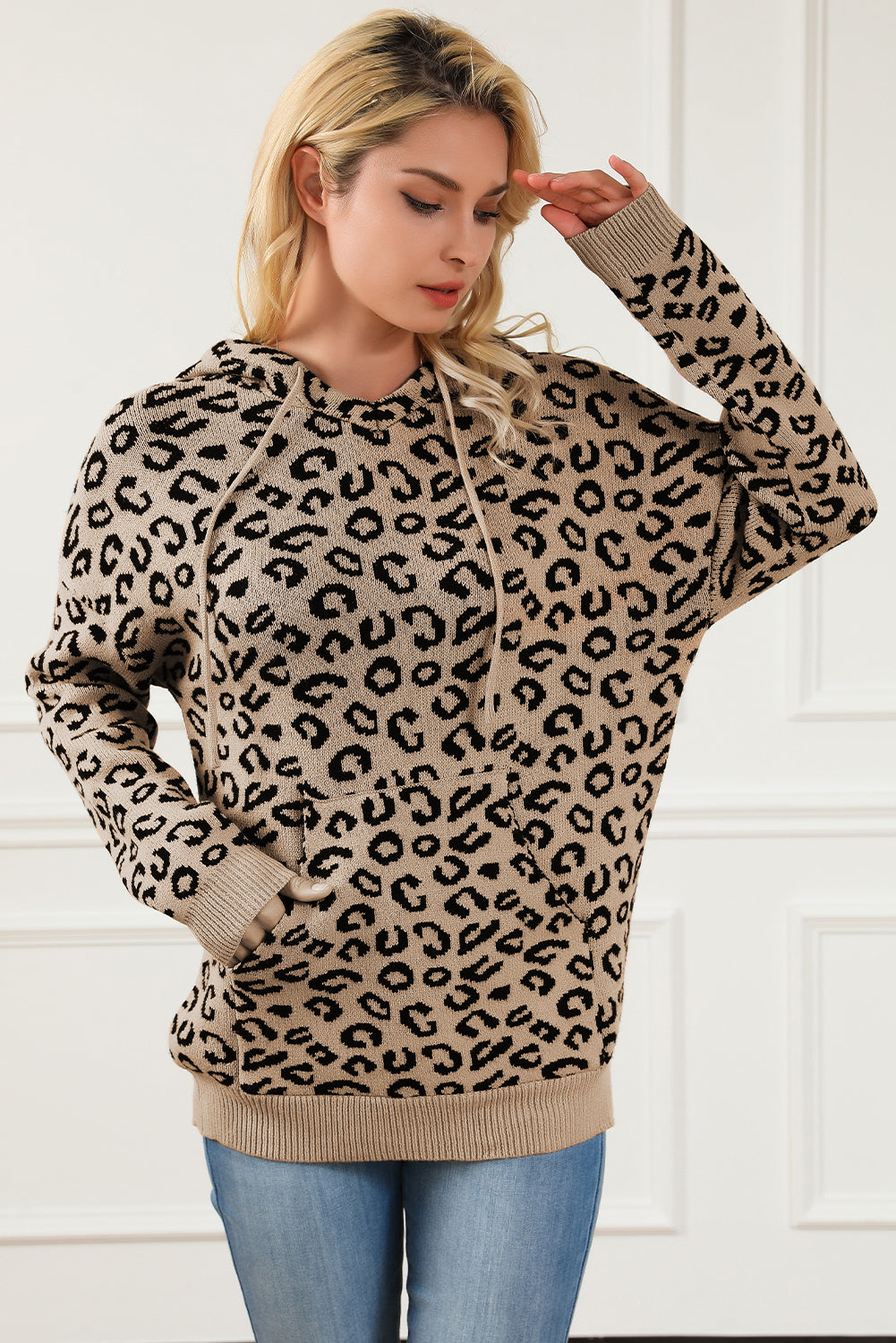 Kaki leopard pleteni džemper s kapuljačom