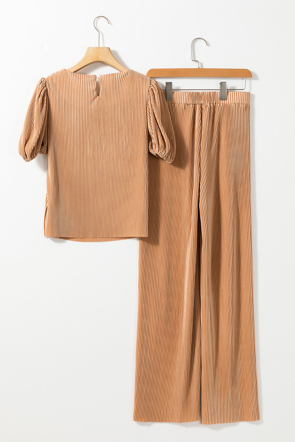 Clay Pleated Bubble Sleeve Top and Wide Leg Pants Set