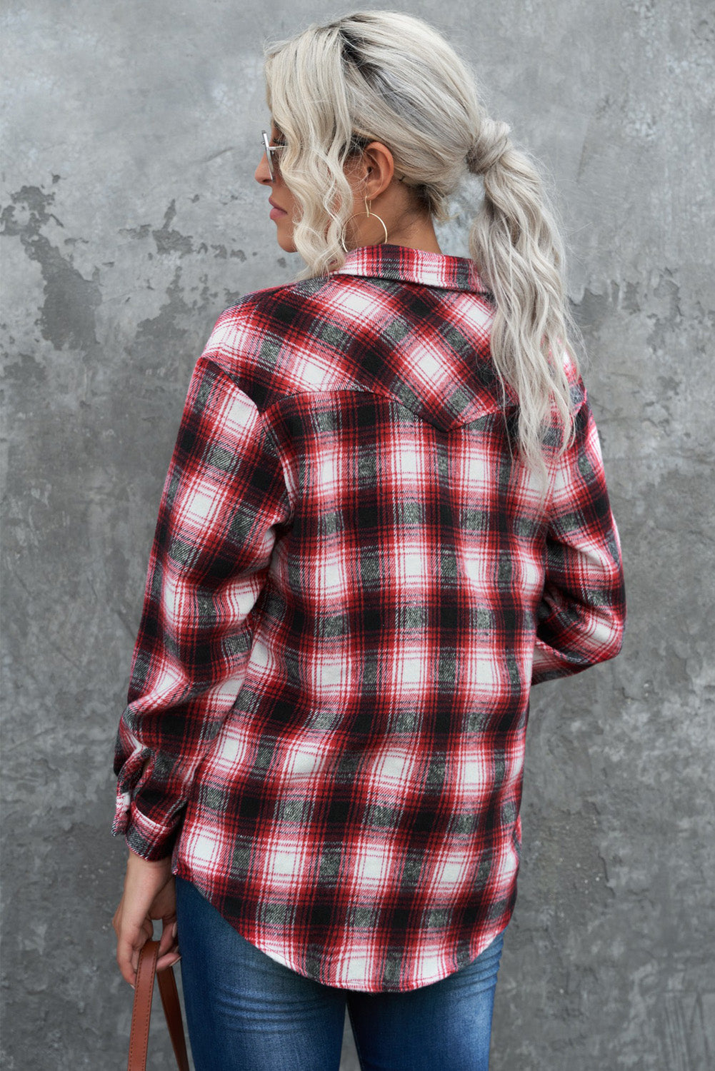 Fiery Red Buttons Pocketed Plaid Shacket