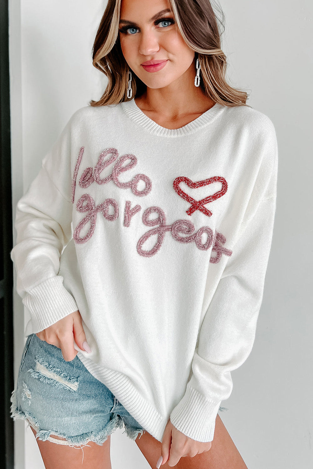 White Hello gorgeous Graphic Ribbed Trim Sweater