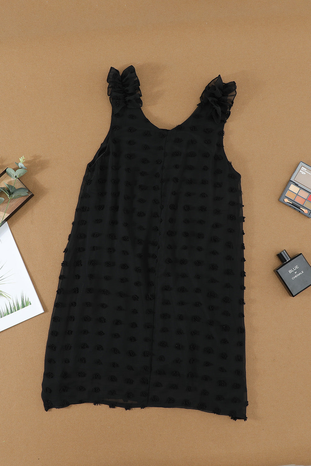 Black Swiss Dot V Neck Ruffled Sleeveless Mini Dress
