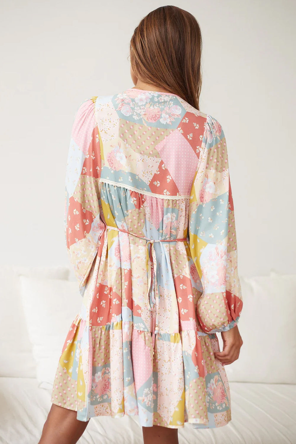 Multicolor Floral Puff Sleeve Buttoned V-Neck Dress