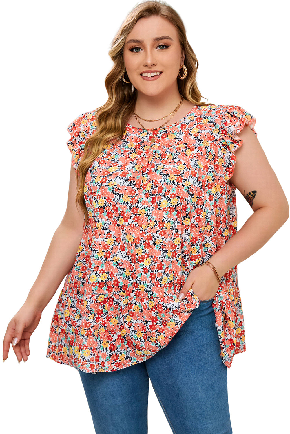 Večbarvna večplastna majica s cvetličnim potiskom in naborki v velikosti Boho