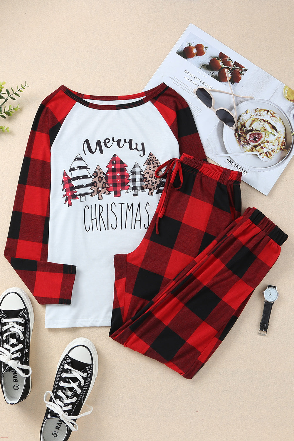 Set loungewear grafico di buon Natale scozzese rosso fuoco