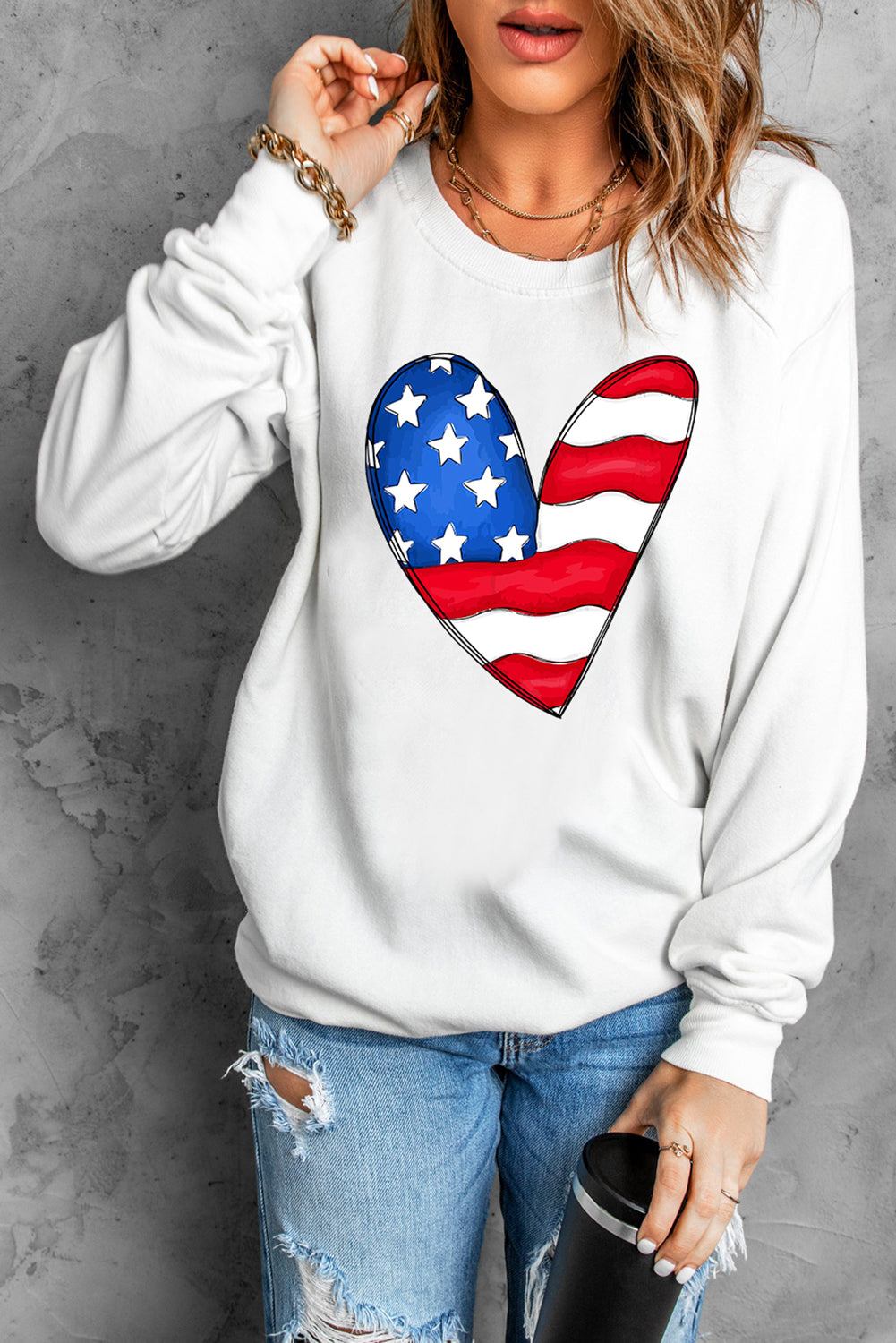 White US Flag Heart Print Long Sleeve Pullover Sweatshirt