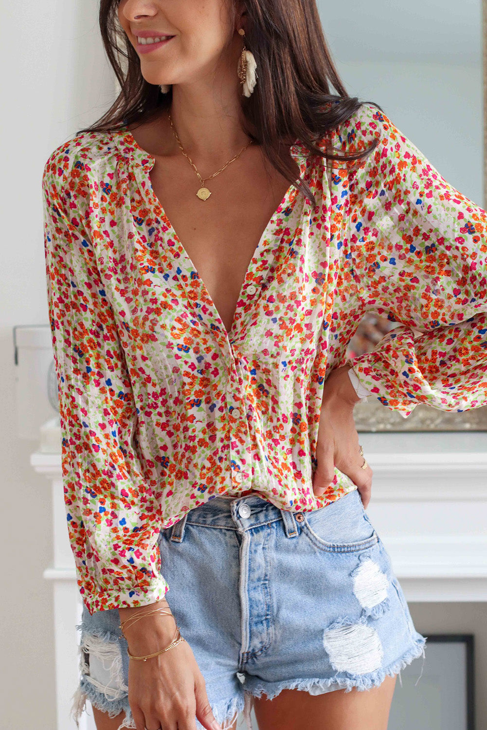 Chemise boutonnée sur le devant à imprimé floral bohème multicolore