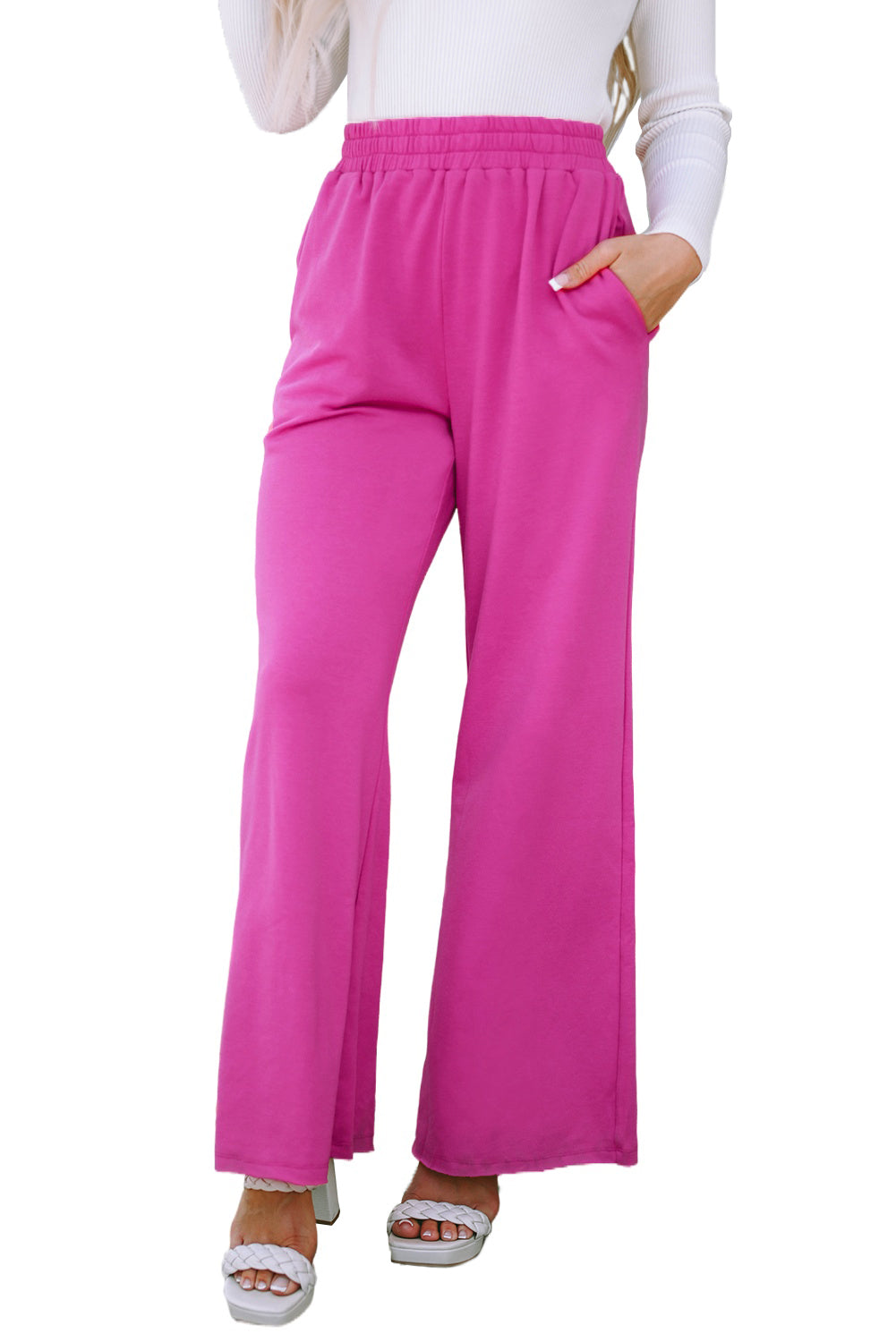 Pantaloni a gamba larga con tasche in vita elastica rosa