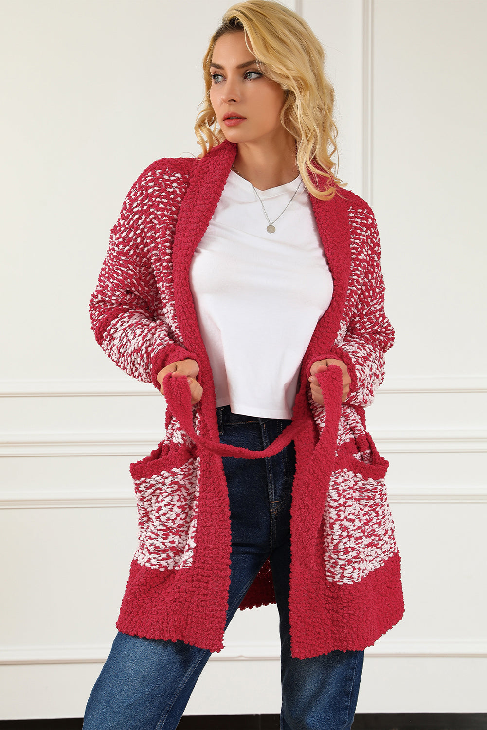 Fiery Red Contrast Trim Belted Chunky Cardigan