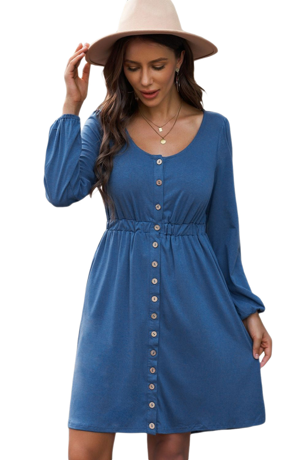 Blaues, langärmliges Kleid mit Knopfleiste und hoher Taille