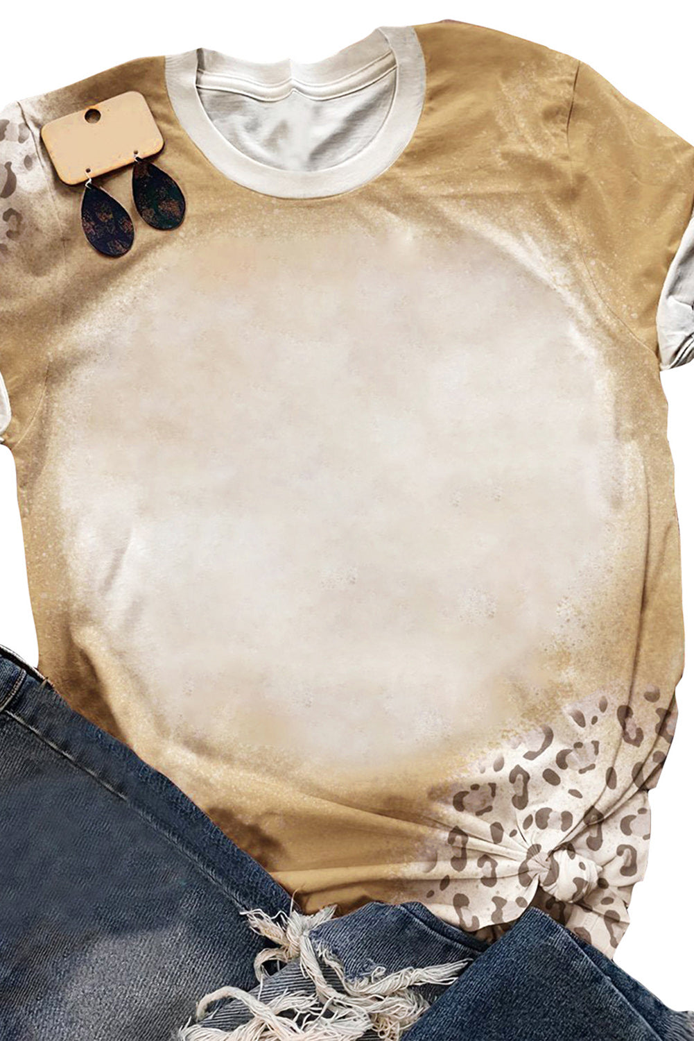 Kaki izbijeljena majica s okruglim izrezom s leopard uzorkom