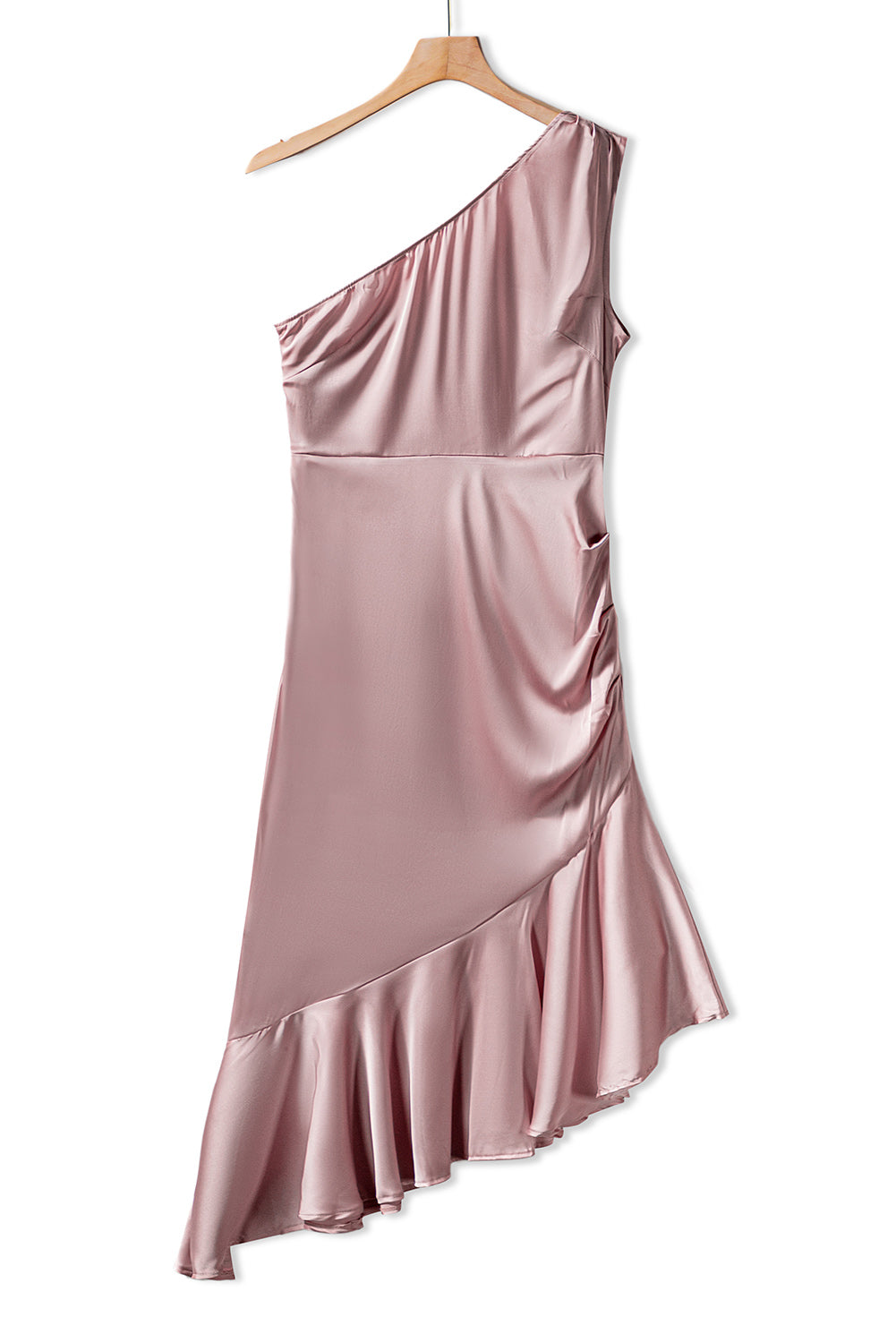 Ružičasta asimetrična koktel haljina na jedno rame s volanima
