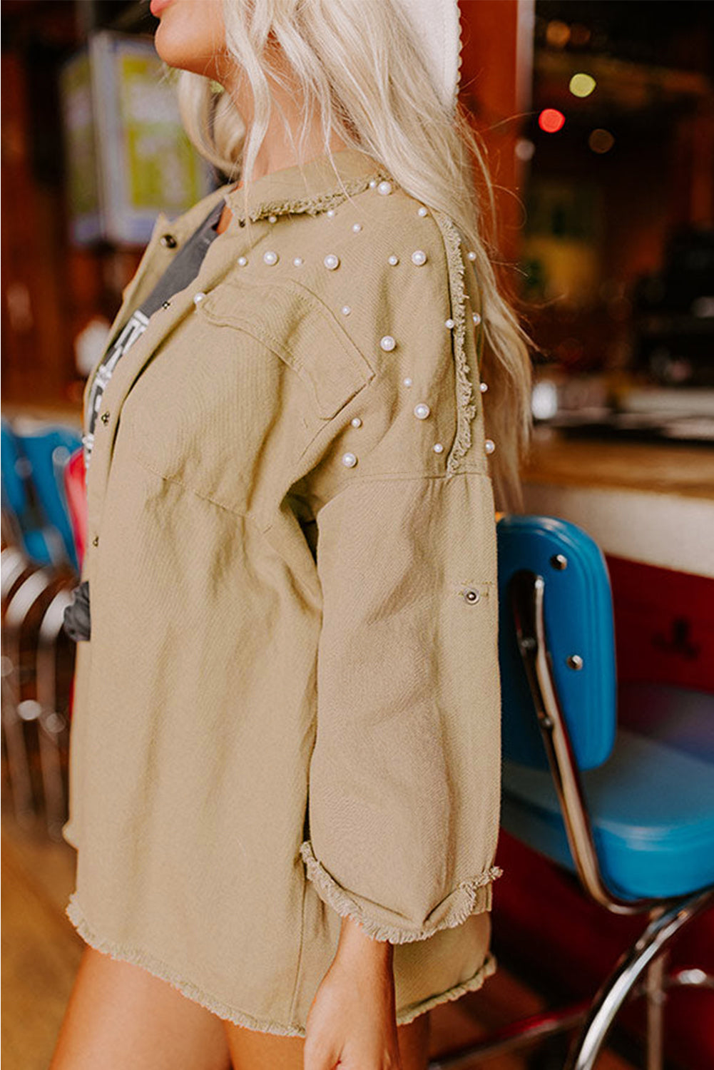 Veste en jean boutonnée kaki à ourlet brut et perles