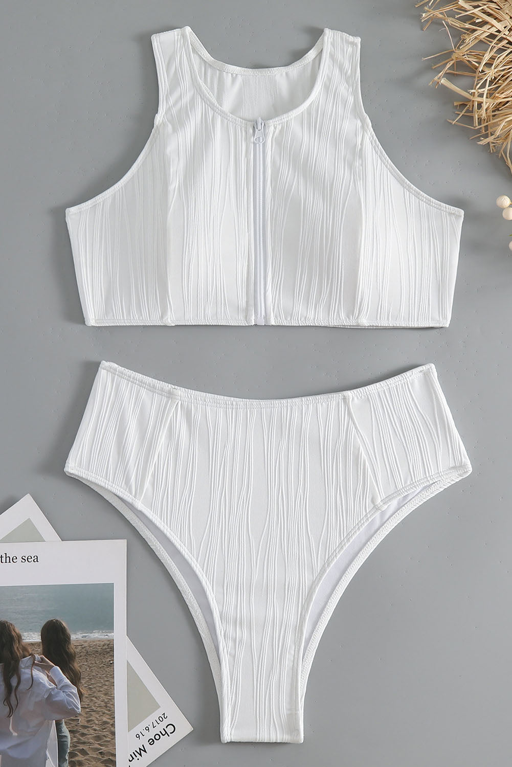 White Textured Zip up Racerback Swim Top High Waisted Bikini