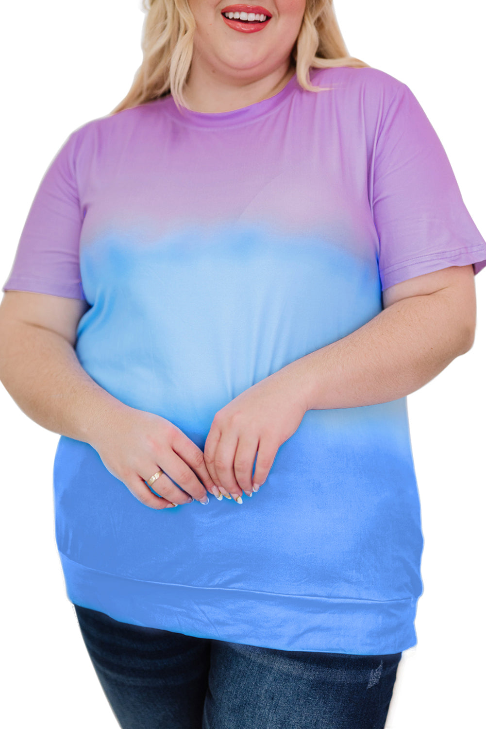 T-shirt violet à col ras du cou et tie-dye color block grande taille