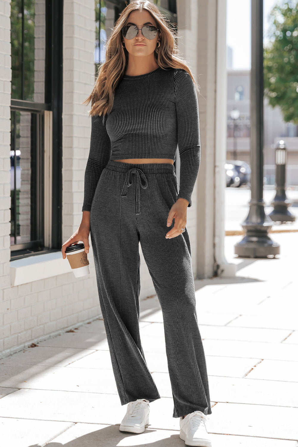 Carbon Grey Corded Long Sleeve Top Wide Leg Pants Set