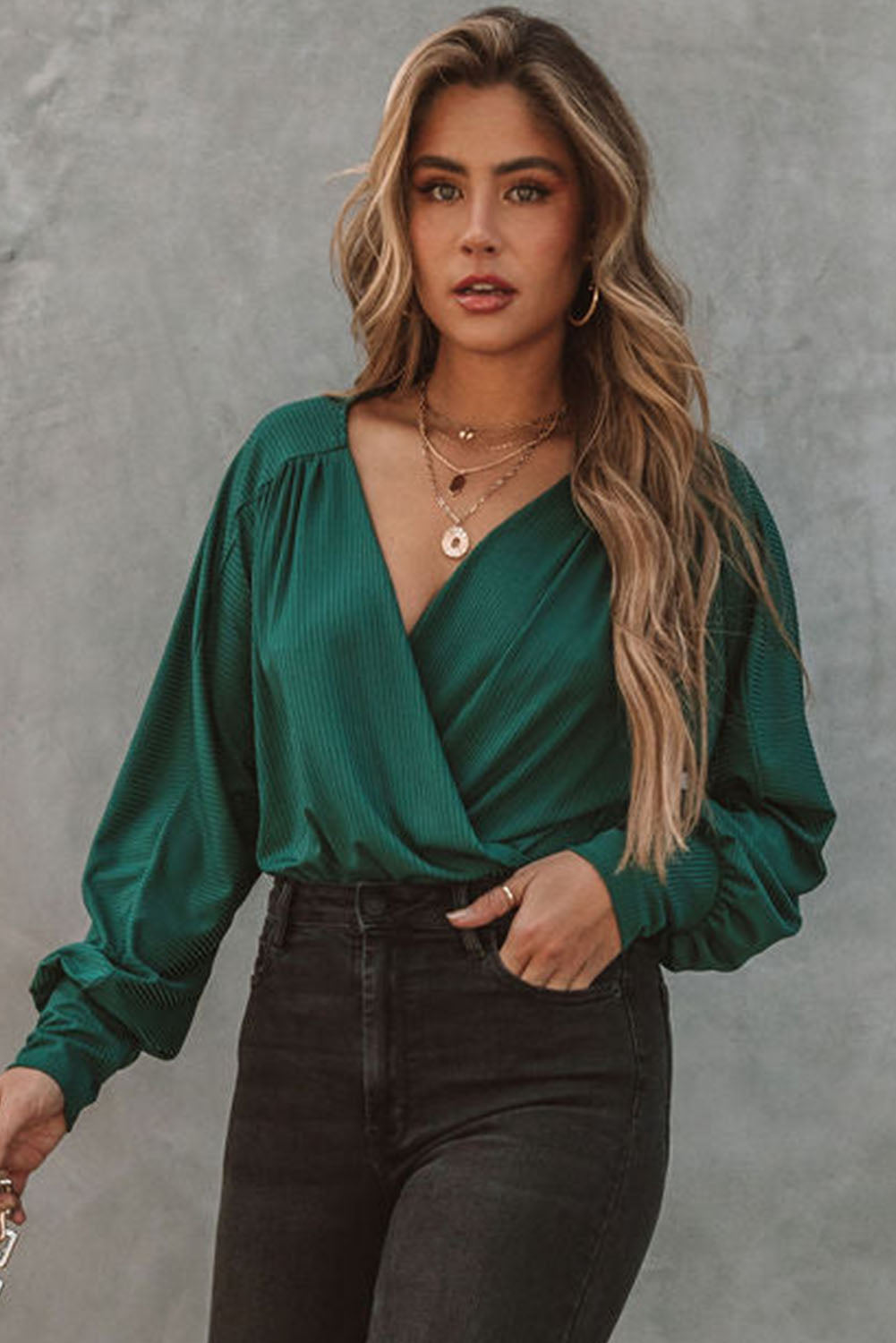 Green Ribbed Texture Drape Front V Neck Bodysuit