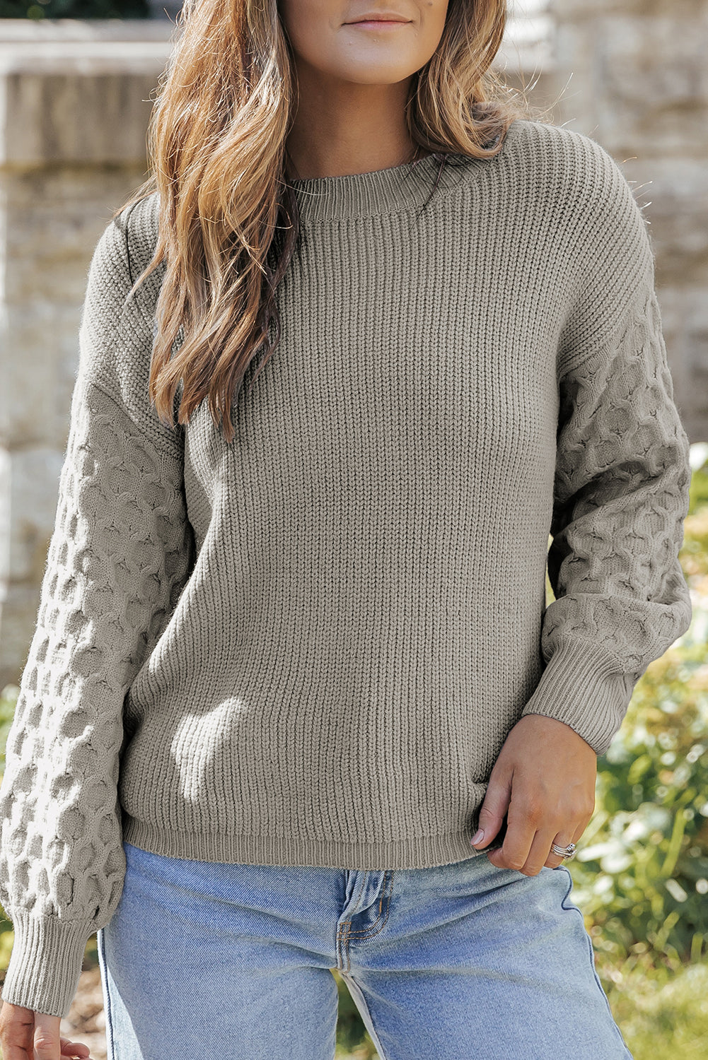 Gray Cable Knit Sleeve Sweater