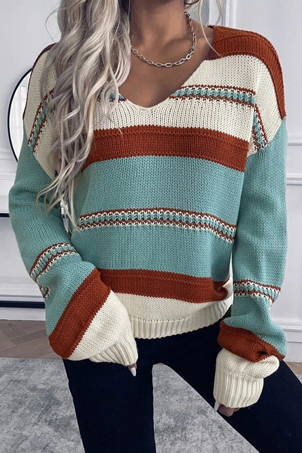 Coffee Striped Pattern Knit V Neck Sweater