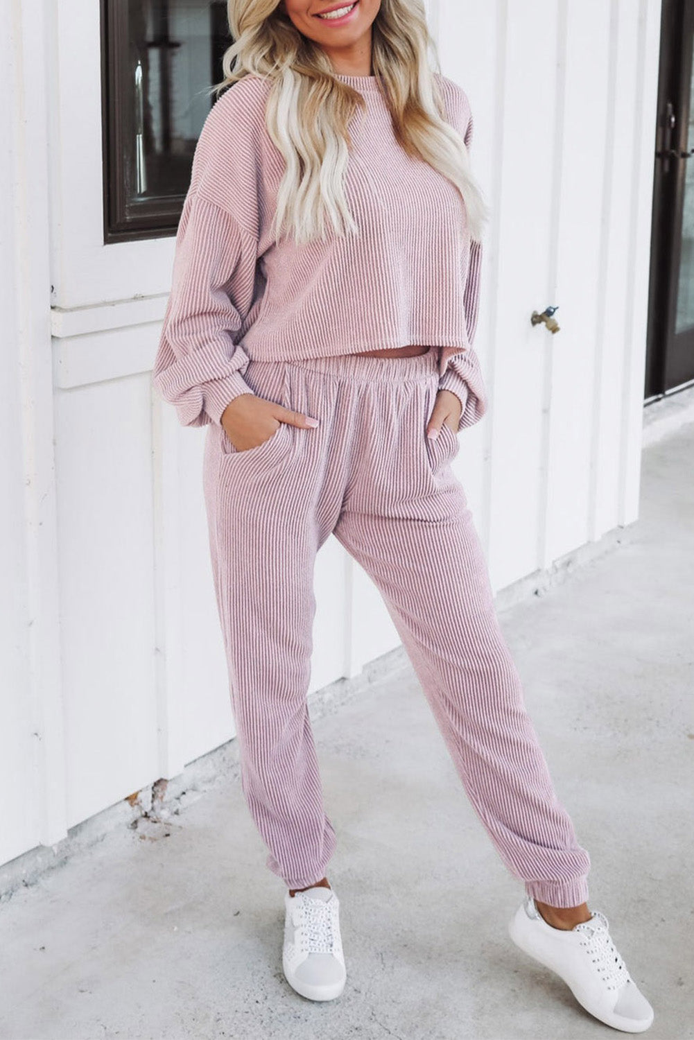 Pale Chestnut Ribbed Two Piece Pullover and Joggers Lounge Set