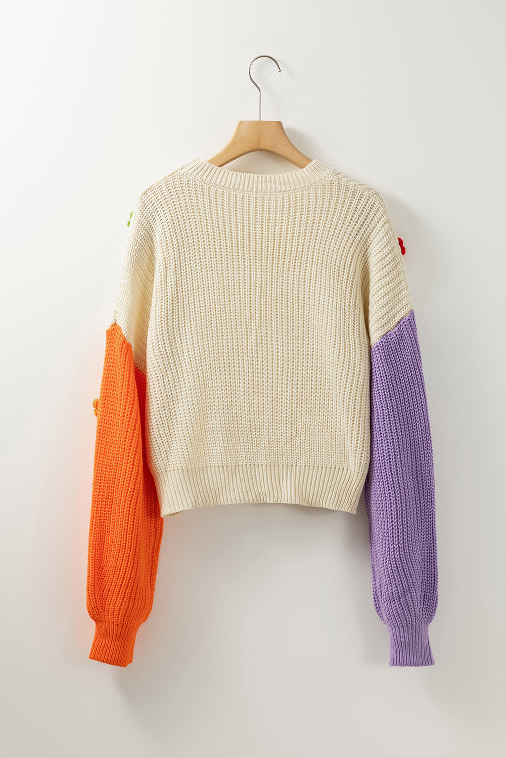 Multicolour Flower Applique Colorblock Drop Shoulder Sweater