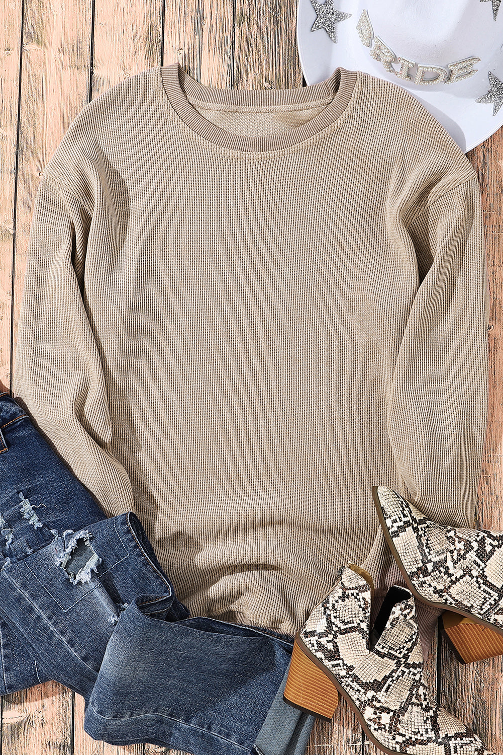 Black Solid Ribbed Knit Round Neck Pullover Sweatshirt