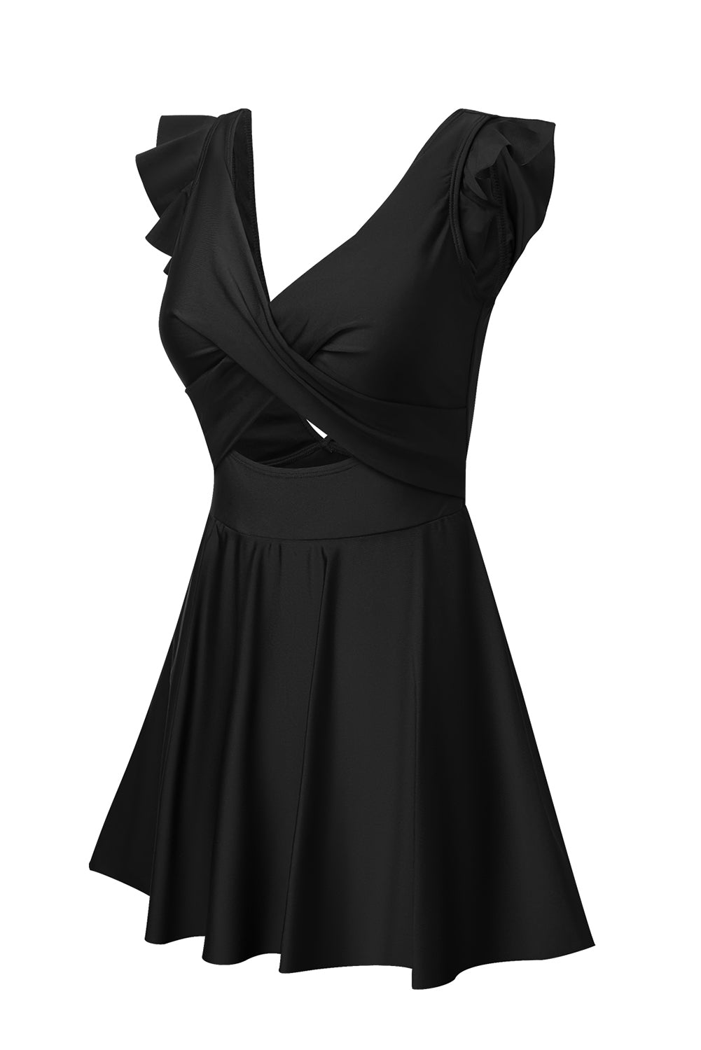 Schwarzes, zweifarbiges Patchwork-Badekleid mit gekreuzten Ausschnitten